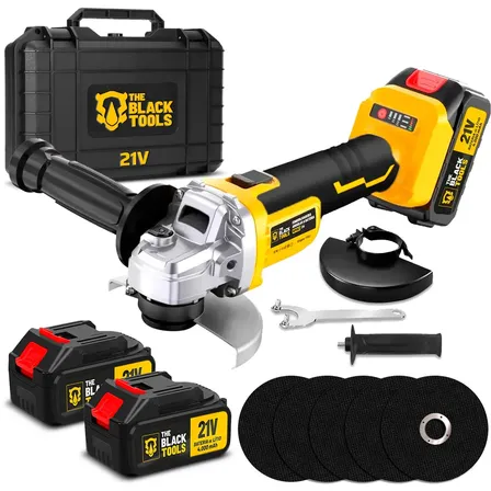 Esmerilhadeira Lixadeira Angular The Black Tools 9000rpm Sem Fio Com 2 Baterias 21v Lítio Amarelo Com Discos De Corte