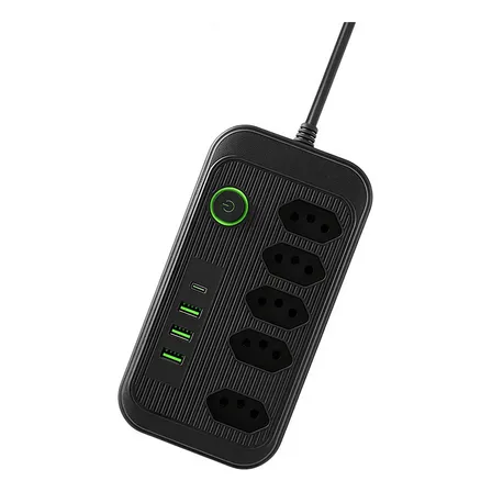 Extensão 5 Tomadas E 3 Usb 1 Pd Led Bivolt Power 110v/220v Preto 127/220v