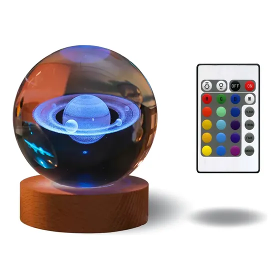 Lámpara Bola De Cristal De 7 Colores, Base De Madera Y Usb