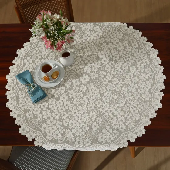 Toalha De Chá Redonda Centro Mesa Cerejeira Rendada 100cm Cor Cru Tecido De Renda Decorativo