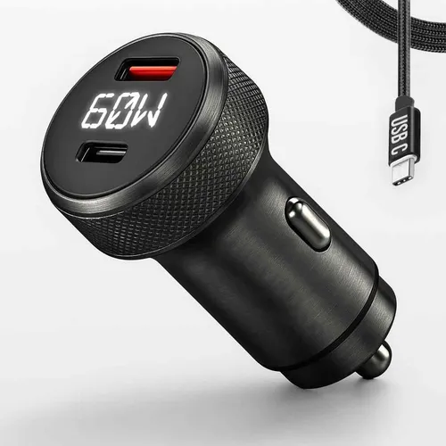Kit Tomada Veicular Usb Carregador Turbo Carro Plug Acendedor 60w Display Led Tipo C Android Ios Portátil Rápido Embutir Voltímetro Usb-c Cinzeiro Extensao Saídas