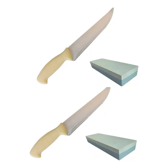 X2 Cuchillo Cocina Carnicero  Mango Blanco + 2 Piedra Doble