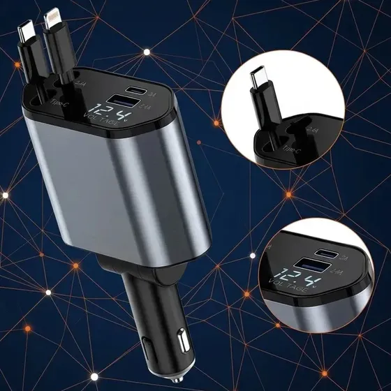 Carregador Veicular Automotivo Turbo Retrátil 4 Em 1 Tipo C Display Usb 2.4A 3.0A Para Carro Caminhão 12V/24V Viagem Hardline