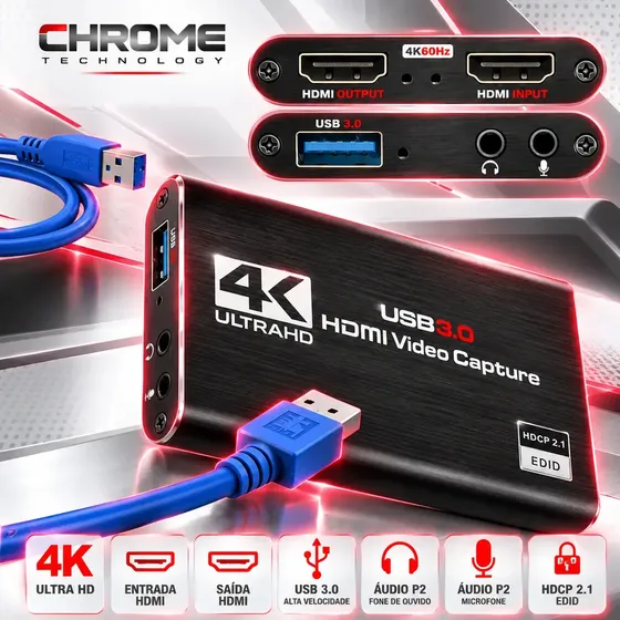 Placa De Captura Vídeo Hdmi 2x1 Externa Gamer Interface Multimídia Full Hd 4k 60fps Usb 3.0 Chrome Technology