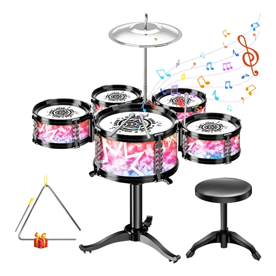 Awcbbt Mini Jueo De Batería Para Niños, Instrumento Musical De Juuete, 5 Tambores Con Taburete De Platillo Pequeño, Juguete De Tambor De Instrumentos Educativos Niños Y Niñas De 1 A 3 Años(rosa)
