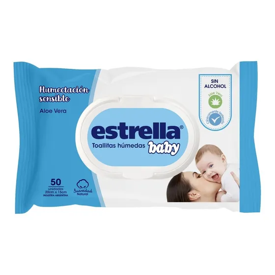 Toallitas Humedas Estrella Baby Humectacion Sensible x 50 unidades Sin Parabenos pH Balanceado Sin Alcohol Con Aloe Vera