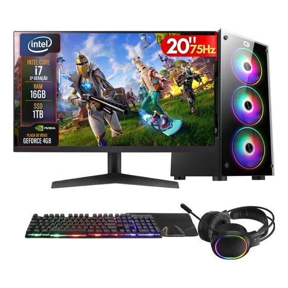PC Gamer Completo 2Eletro Player, Intel Core i7, 16GB RAM, Placa de vídeo Geforce 4GB, SSD 1TB, Fonte 500W, Monitor 20" 75Hz, Kit Gamer com Headset - PG2E-LED1005PL