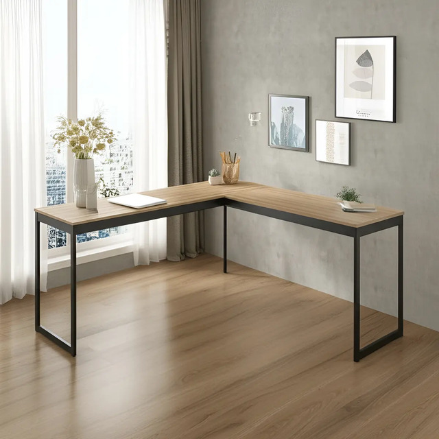 Mesa Em L Industrial Escrivaninha De Canto Nórdico Vintage Ferro E Madeira Laminado Com Pr...