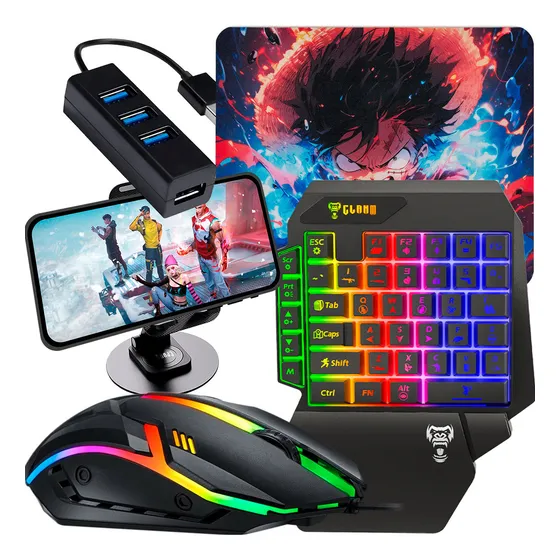 Kit Gamer Mobilador Mageon Para Celular Teclado Uma Mão Mouse Led Óptico Suporte De Celular Usb Rgb Otg