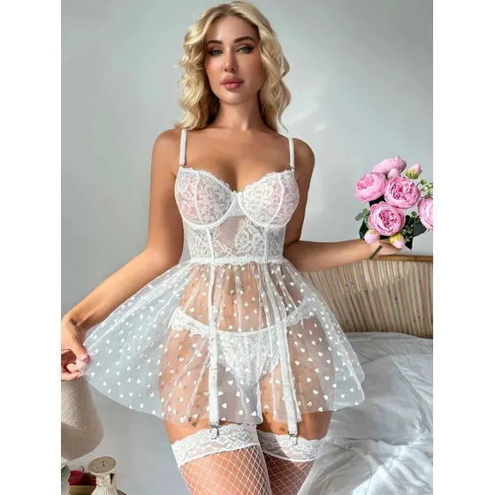 Conjunto De Lenceria En Encaje Sexy, Set De 3 Piezas C/media