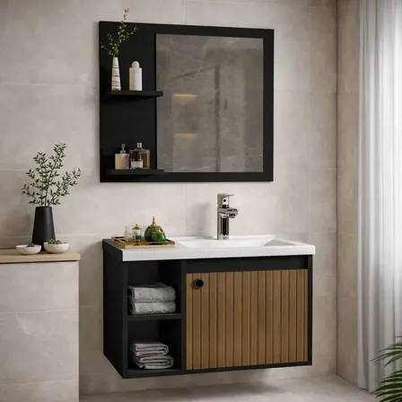 Conjunto Kit Gabinete Armário Balcão Aéreo Suspenso Com Cuba Para Lavabo Pia Banheiro 1 Porta Nicho Organizador... Branco Um Furo Preto Ripado