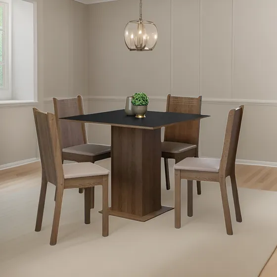 Juego De Comedor Mesa De Madera Rustica +4 Sillas Resistente Color Beige