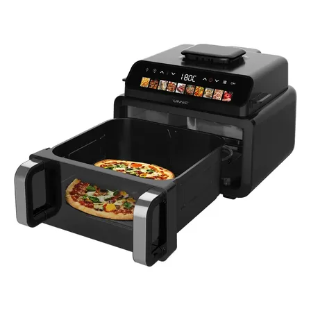 Freidora De Aire Sin Aceite Pantalla Digital Unnic Air Fryer Con Parrilla Grill Doble Compartimiento Horno Pizzero Pollo 11 Litros Con 10 Programas Preestablecidos 2100 W Saludable Rápida Negro