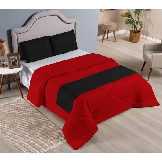 Kit Cobre Leito Casal Dupla Face Vermelho E Peseira 4pçs