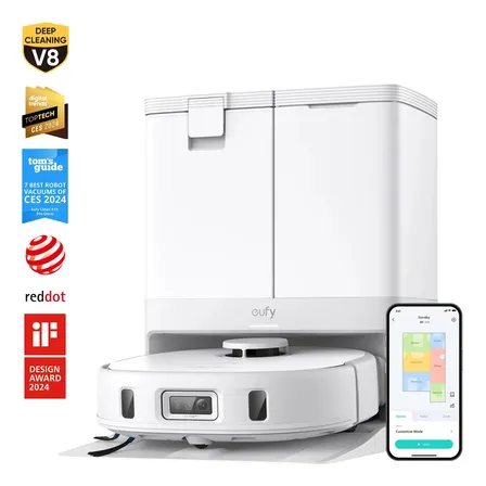 Aspiradora Robot Eufy X10 Pro Omni 8000 Pa para Mascotas, Evitación de Obstáculos IA, Trapeador Doble con Elevación 12 mm, Autovaciado y Autollenado, Blanco