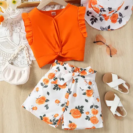 Conjunto Infantil 3 Peças Blusa Short Chapéu Laranja 1-2y