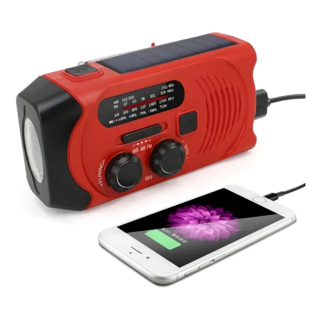 Radio Emergencia Dinamo Solar Linterna Portatil Recargable Color Rojo