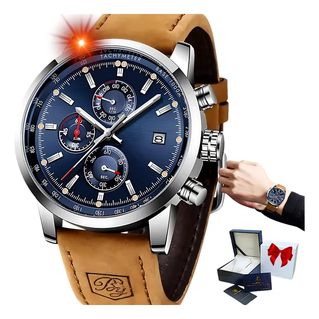 Reloj Pulsera De Hombre Cronógrafo Cuero Fondo Blue + Caja