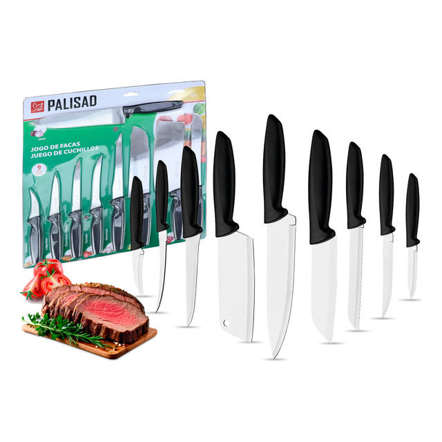 Jogo De Facas Chef 9 Peças Com Lâminas Em Aço Inox E Cabos De Polipropileno Cor Preto Pali... Jogo De Facas Chef 9 Peças Com Lâminas Em Aço Inox E Cabos De Polipropileno Cor Preto Pali...