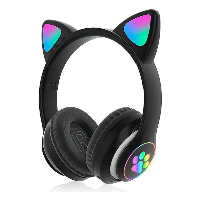 Audífonos Inalámbricos Bluetooth Rgb Orejas Gato Niña V-23m Color Negro