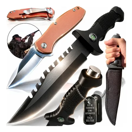Kit Sobrevivência Faca Tática Militar 29cm Com Bússola Bainha E Quebra Vidro Lâmina Fixa Dorso Serrilhado + Canivete Semiautomático Dobrável de Bolso Com Presilha Edc Ideal Para Camping Pesca E Caça