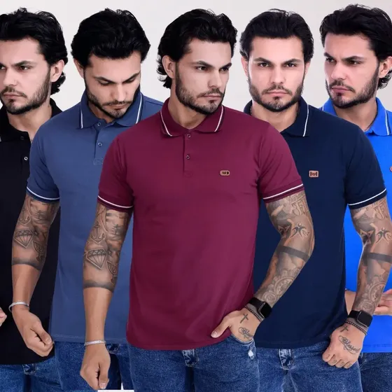 Kit 5 Camisas Polo Masculina Bordada Variadas Cores