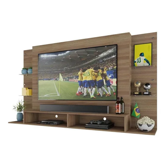 Panel TV 60" Con Estantes De Vidrio Brasil Multimóveis Br2739 Madera