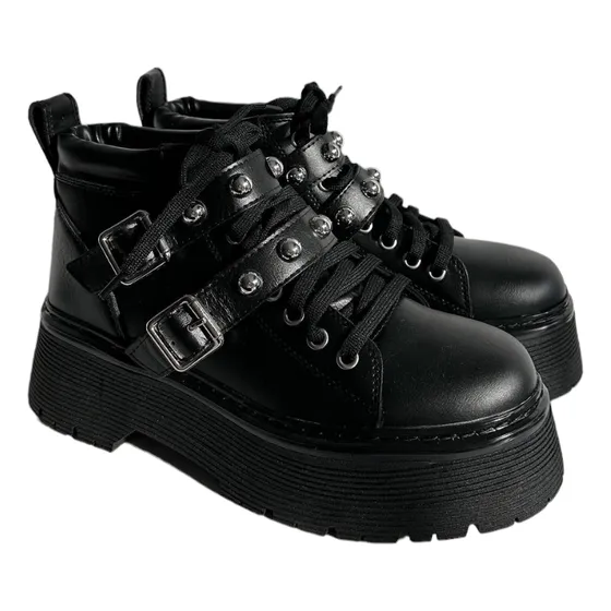 China Borcego Clasico Cordones Negro Con Tachas Hebillas