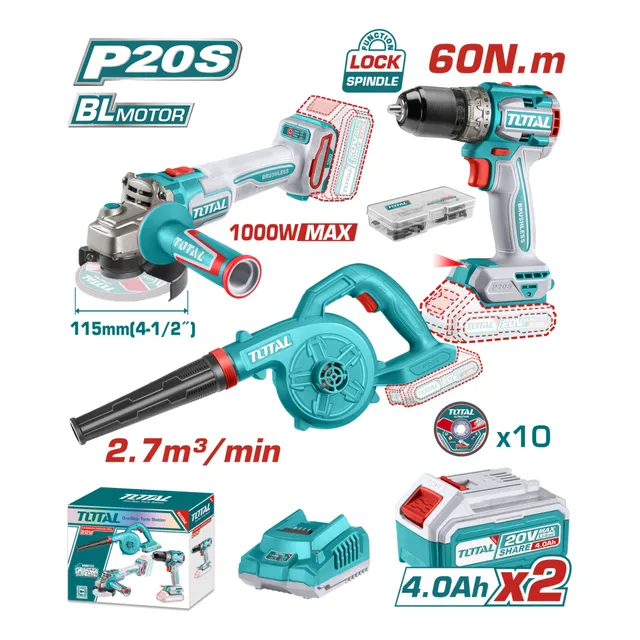 Kit Taladro Brushless 60nm + Esmeril + Sopladora 20v Total