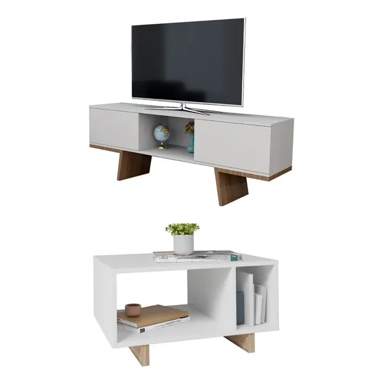 Set Juego Rack Modular Tv 2 Puertas + Mesa Ratona De Centro