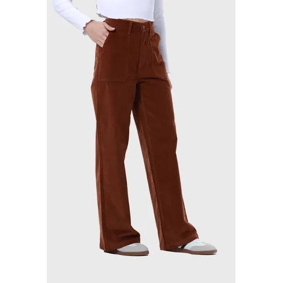Pantalón Mujer Wide Leg Cotelé Café