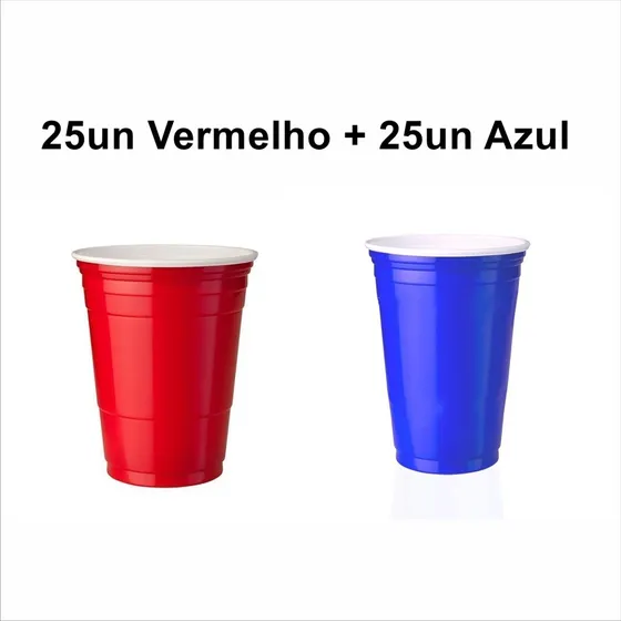 Copo Americano Beer Pong Festa Biodegradável 400ml 50 Unid Cor 25 Vermelho + 25 Preto