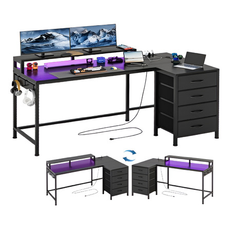 Escritorio Reversible Forma De L Con 4 Cajones Y Luces Led Escritorio Reversible Forma De L Con 4 Cajones Y Luces Led