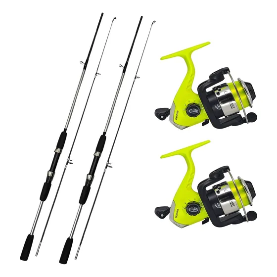 Kit Cañas Pesca 1.80m + 2.10m + Reel Frontal 3 Rulemanes Rio