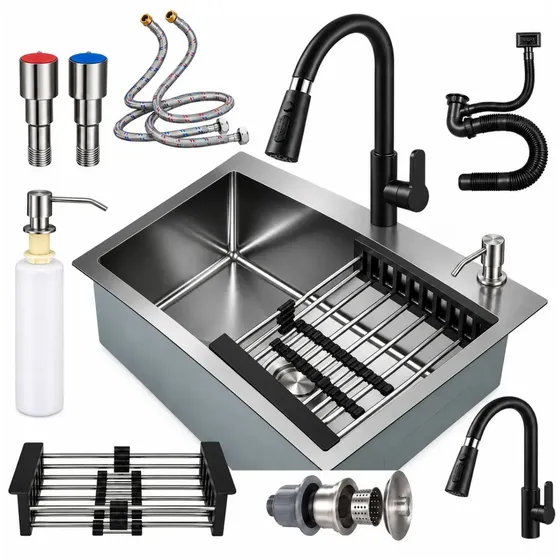 Kit Lavaplatos Empotrado Acero inoxidable 55x45cm con Llave y Accesorios Cubeta Profunda Con Llave Monomando Negra Cabezal Extraíble Canasta Expandible Dispensador De Jabón Y Accesorios Para Cocina