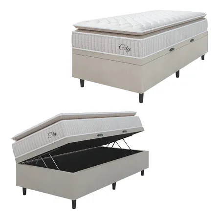 Cama Box Baú Colchão Solteiro Molas Ensacadas City Pillow Top 88x188x64cm Branco e Bege Hellen