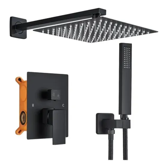 Regadera Negra Cuadrada 30cm Lluvia Kit Monomando Y Telefono