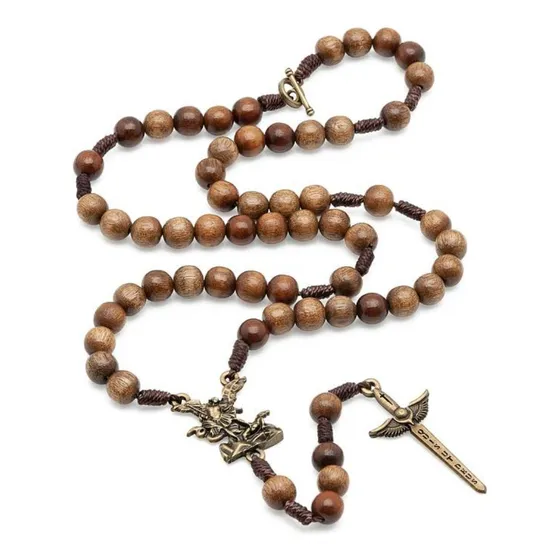Colar Terço São Miguel Arcanjo Católico Fecho Cruz Anjo Deus Cor Marrom