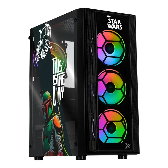 Gabinete Gamer Xtreme Pc Gaming Boba Comic Edition Media Torre Atx 600w 4 Fan Argb Cristal Templado Negro