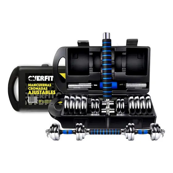 Mancuernas Cromadas 20kg Ajustables + Barra Unibles Overfit