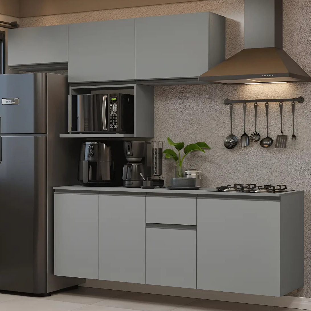 Cozinha completa suspensa Madesa Nice na cor cinza com armários superiores, nicho para micro-ondas, balcão inferior e coifa instalada