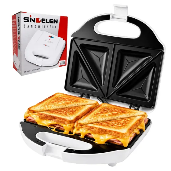 Sandwichera Eléctrica Sanduchera Sindelen SW-840BL Duo | 800 W | 2 panes | Antiadherente | Facil de Limpiar | Blanco