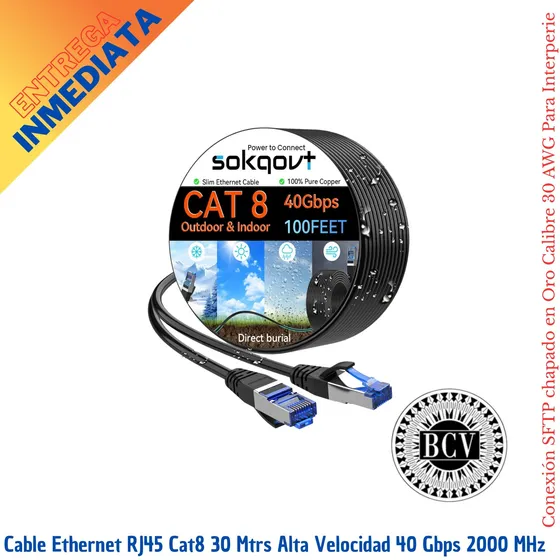 Cable De Red Ethernet Utp Cat8 30 Metros 40 Gbps/2000 Mhz