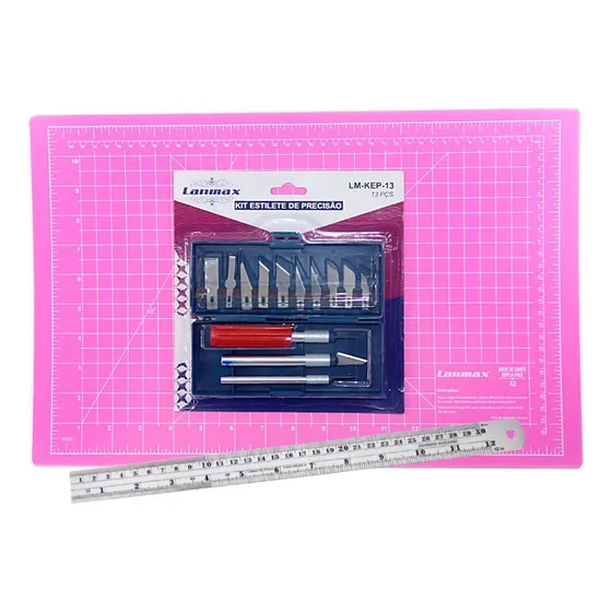 Kit Estilete Bisturi + Base Corte A3 45x30 + Régua Aço 30 Cm Cor Rosa