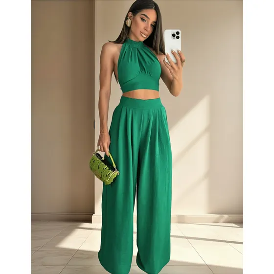 Conjunto Feminino Calça E Top Em Duna Gola Alta Elegante