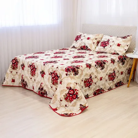 Kit Cobre Leito Colcha Para Cama Casal Queen 3 Pçs Com Viés Gerânio