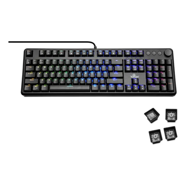 Teclado Mecanico Yeyian, Español, Swtich Blue, 105 Teclas, Alámbrico, Con 18 Efectos Iluminación Rgb, Ergonómico, N-key Rollover, Para Pc, Mac, Outemu Blue, Ytm-28208b