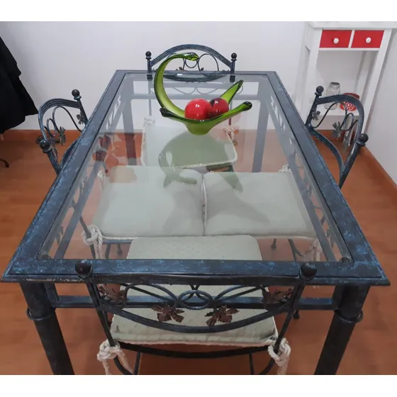 Mesa De Hierro Forjado Y Vidrio + 4 Sillas Impecable Estado! Azul Azul