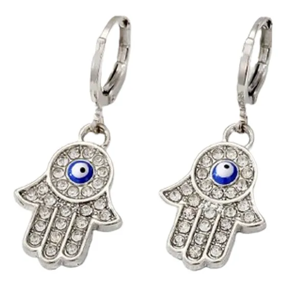 Aretes Colgantes Argolla Arracadas Mano De Fatima Amuleto Azul