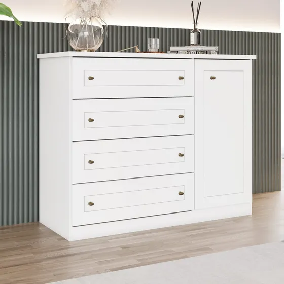 Gaveteiro Cômoda Com 4 Gavetas Com Porta E Prateleiras
